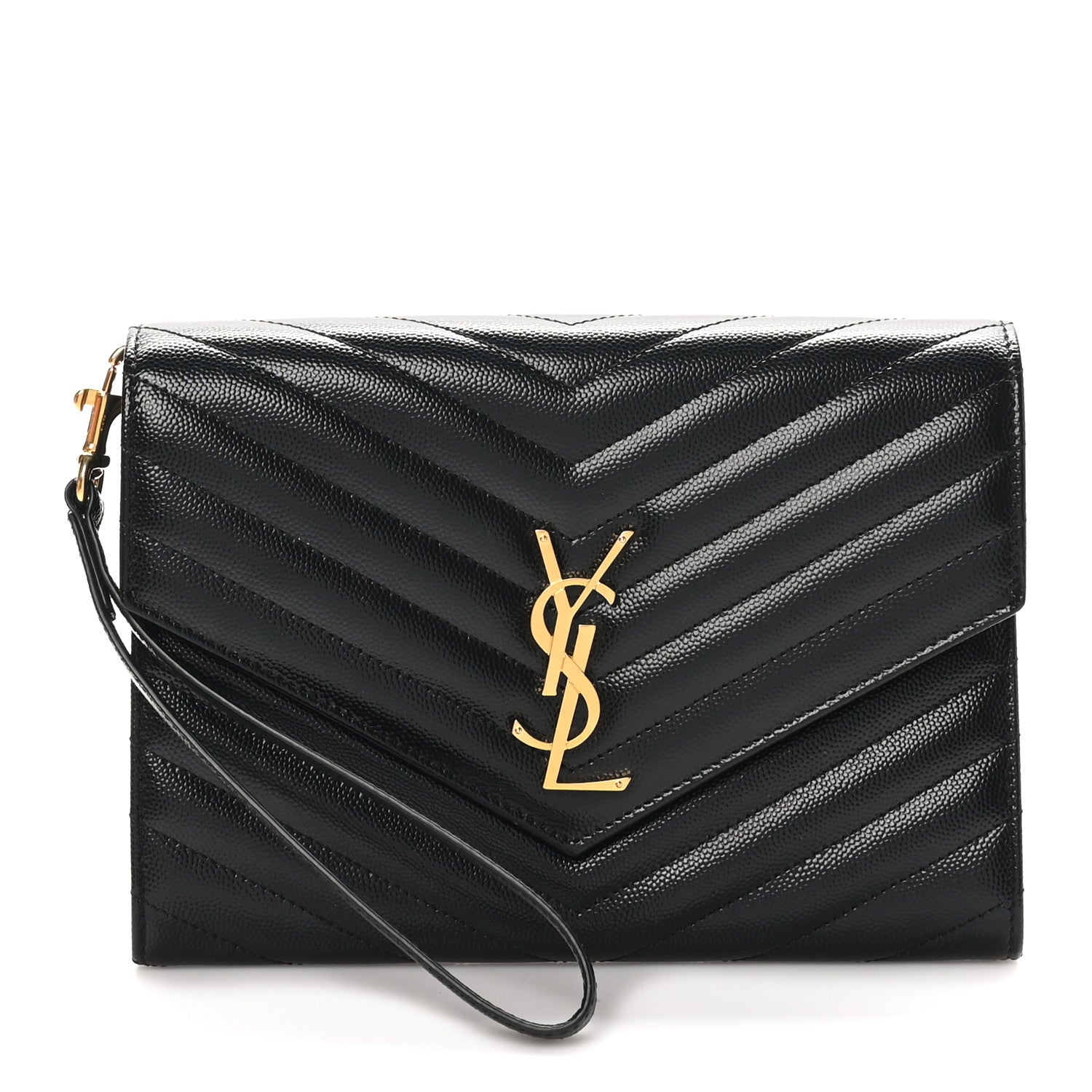Saint Laurent Grain De Poudre Matelasse Chevron Monogram Envelope Clutch Black 1 of 8