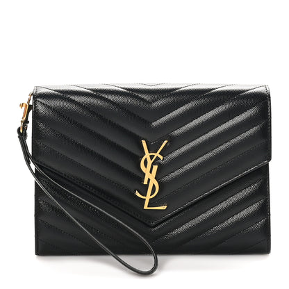 Saint Laurent Grain De Poudre Matelasse Chevron Monogram Envelope Clutch Black 1 of 8