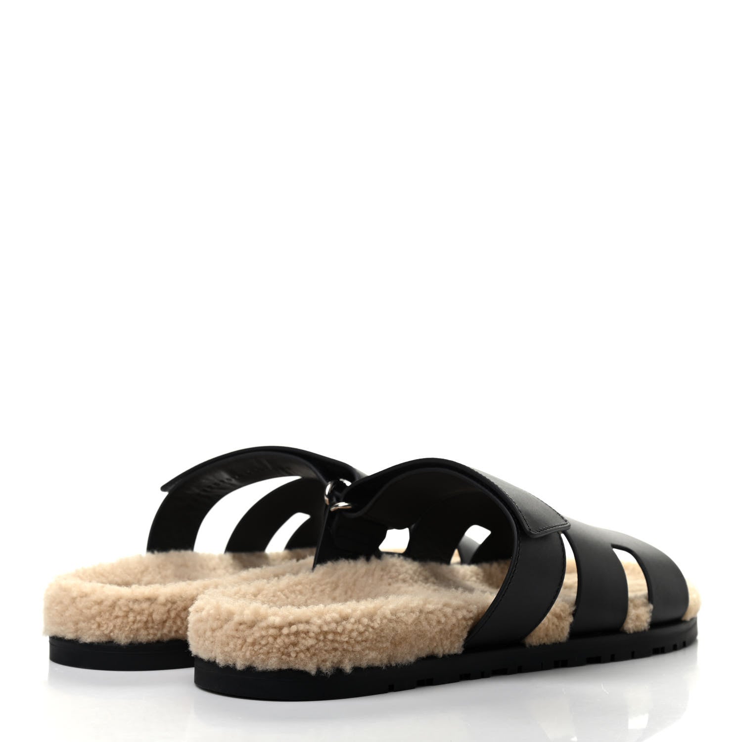 Hermes Veau Indios Woolskin Mens Chypre Sandals 44 Black Ecru 4 of 8