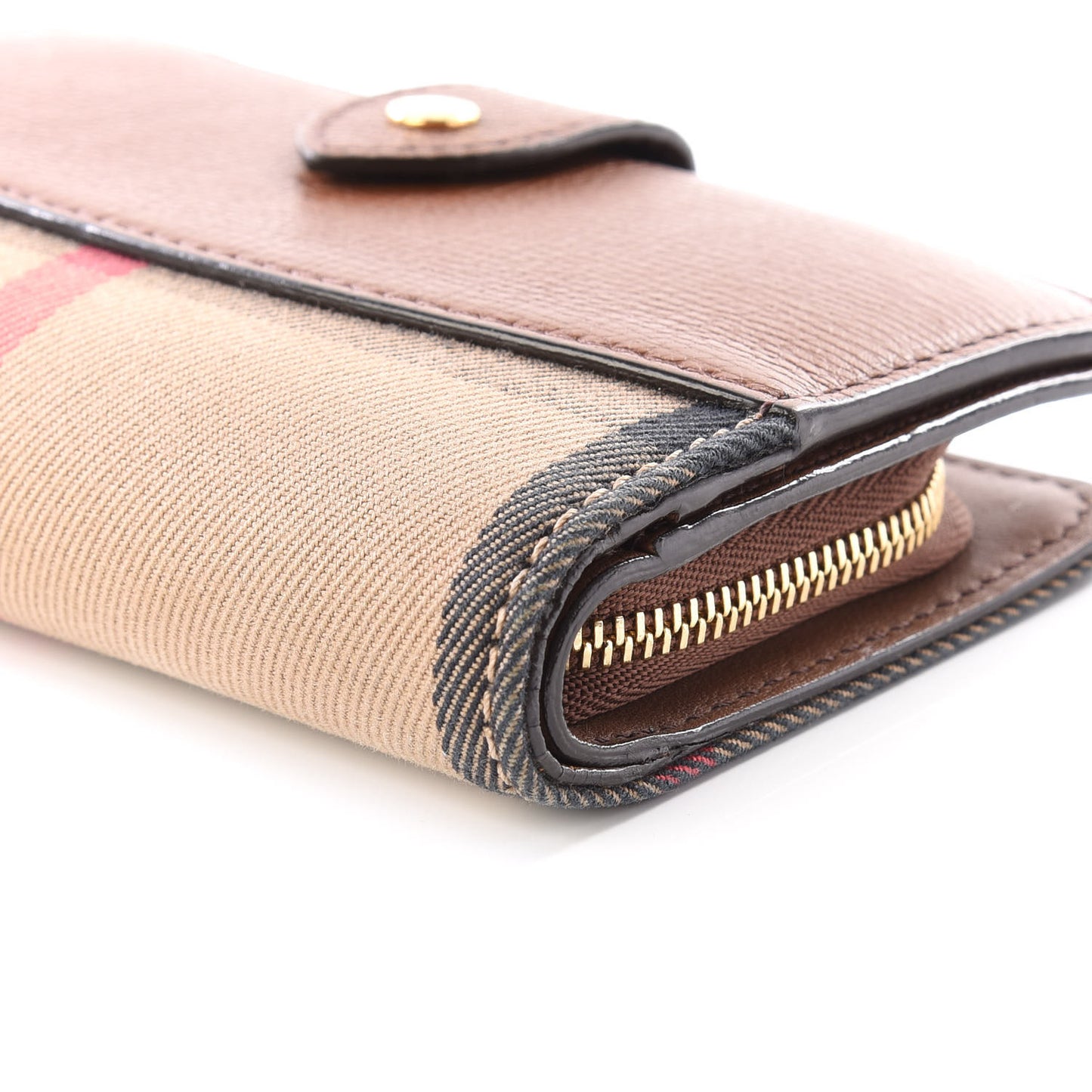 Calfskin House Check Compact Wallet Tan