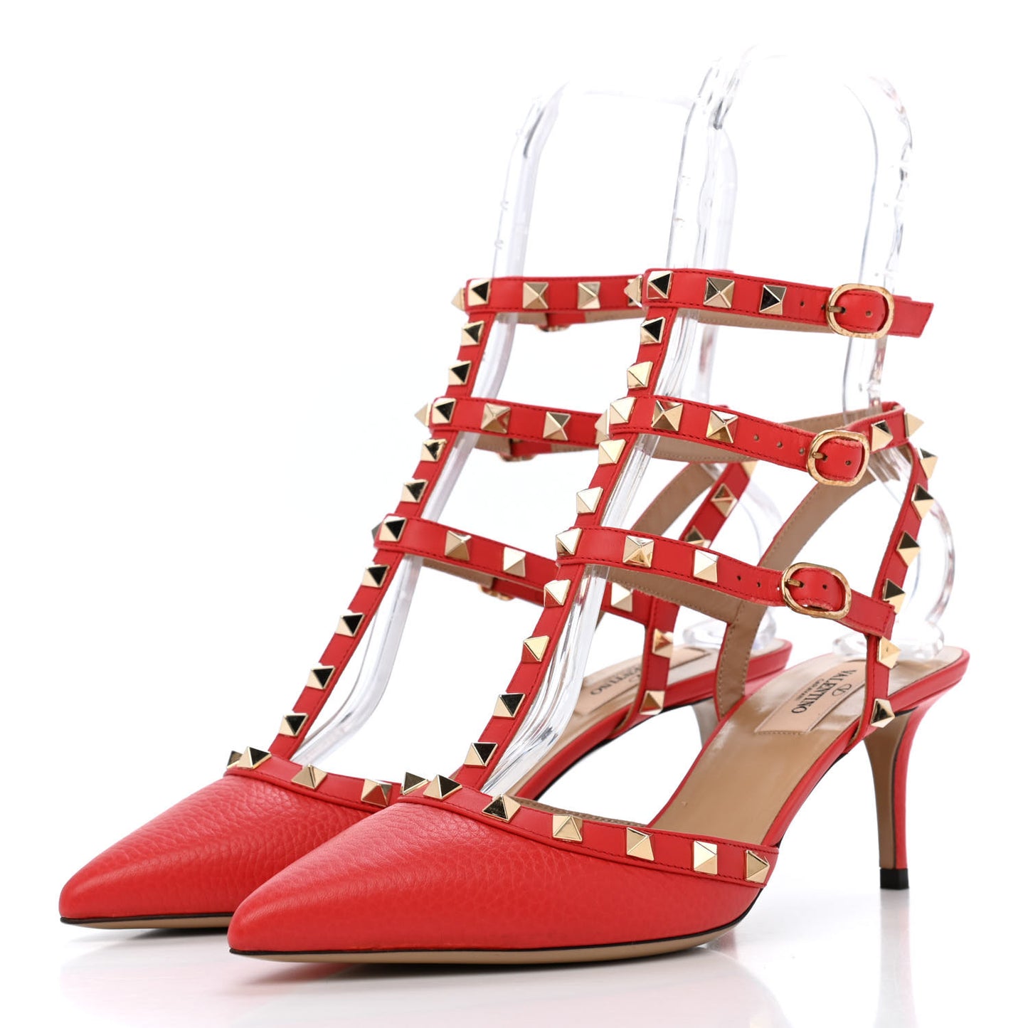 Pebbled Calfskin Rockstud Ankle Strap 65mm Pumps Deep Coral