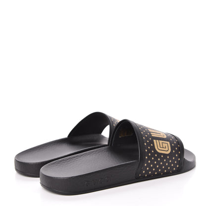 Gucci X SEGA Supreme Canvas GUCCY Stars Womens Slide Sandals 39 Black Gold 4 of 9
