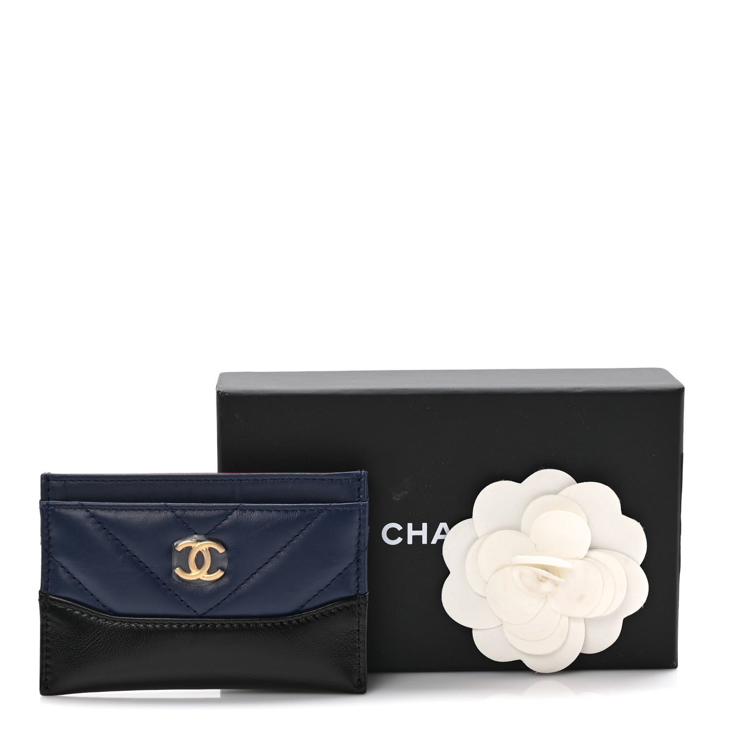 Aged Calfskin Chevron Quilted Gabrielle Card Holder Wallet Navy Black