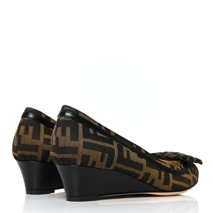 Fendi Canvas FF Calfskin Bow Wedge Mules 36 Tobacco Moro 4 of 7