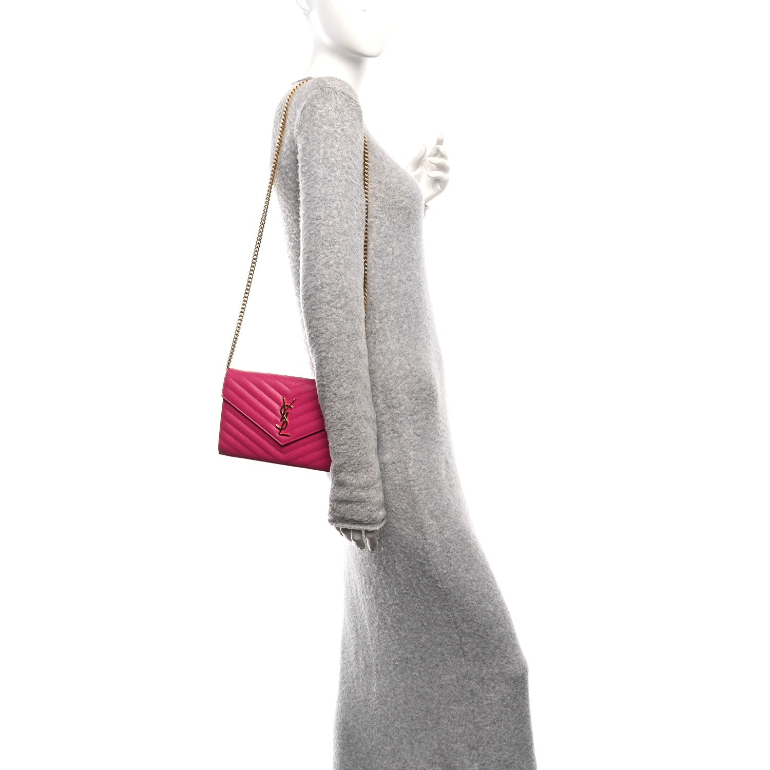 Saint Laurent Grain De Poudre Matelasse Chevron Monogram Chain Wallet Fuxia Couture 2 of 11