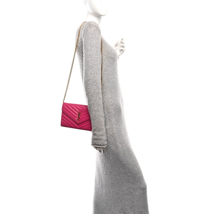 Saint Laurent Grain De Poudre Matelasse Chevron Monogram Chain Wallet Fuxia Couture 2 of 11