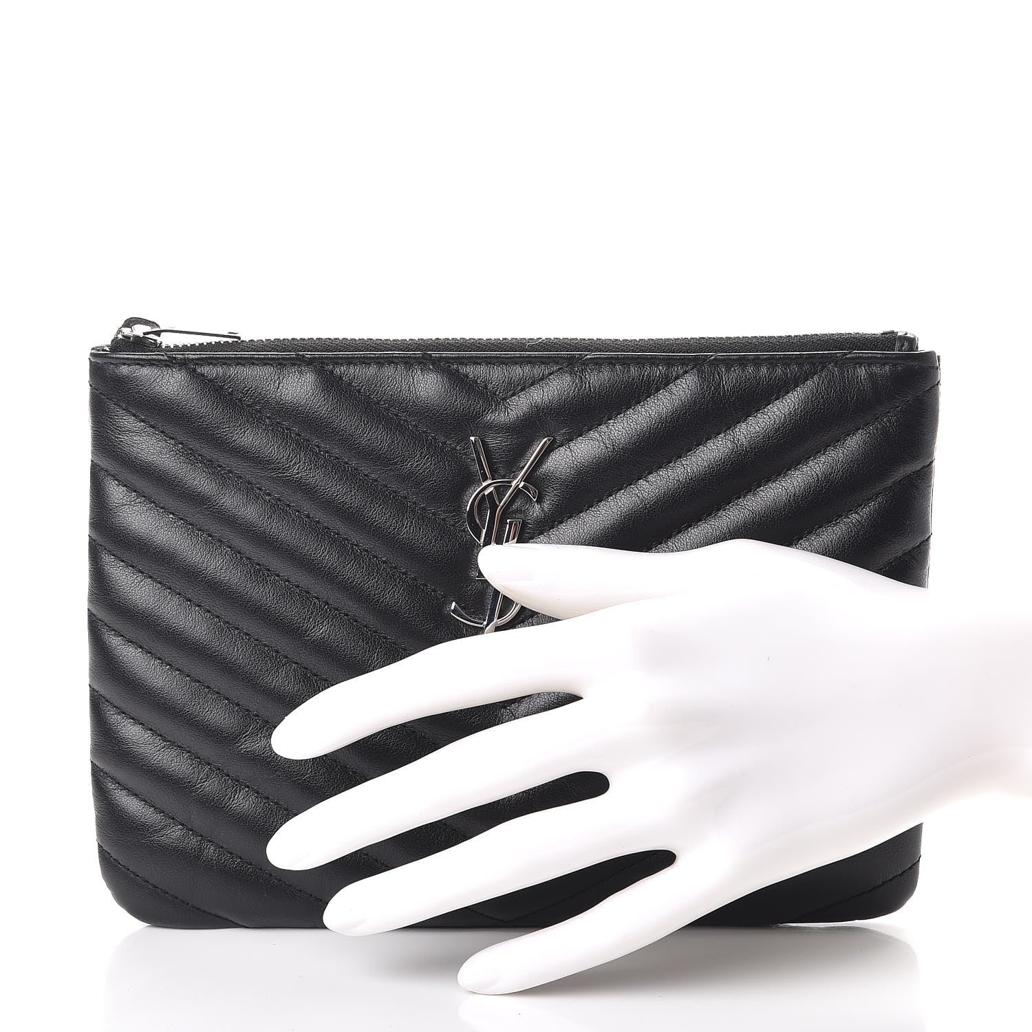 Saint Laurent Calfskin Matelasse Chevron Monogram Pouch Black 2 of 7