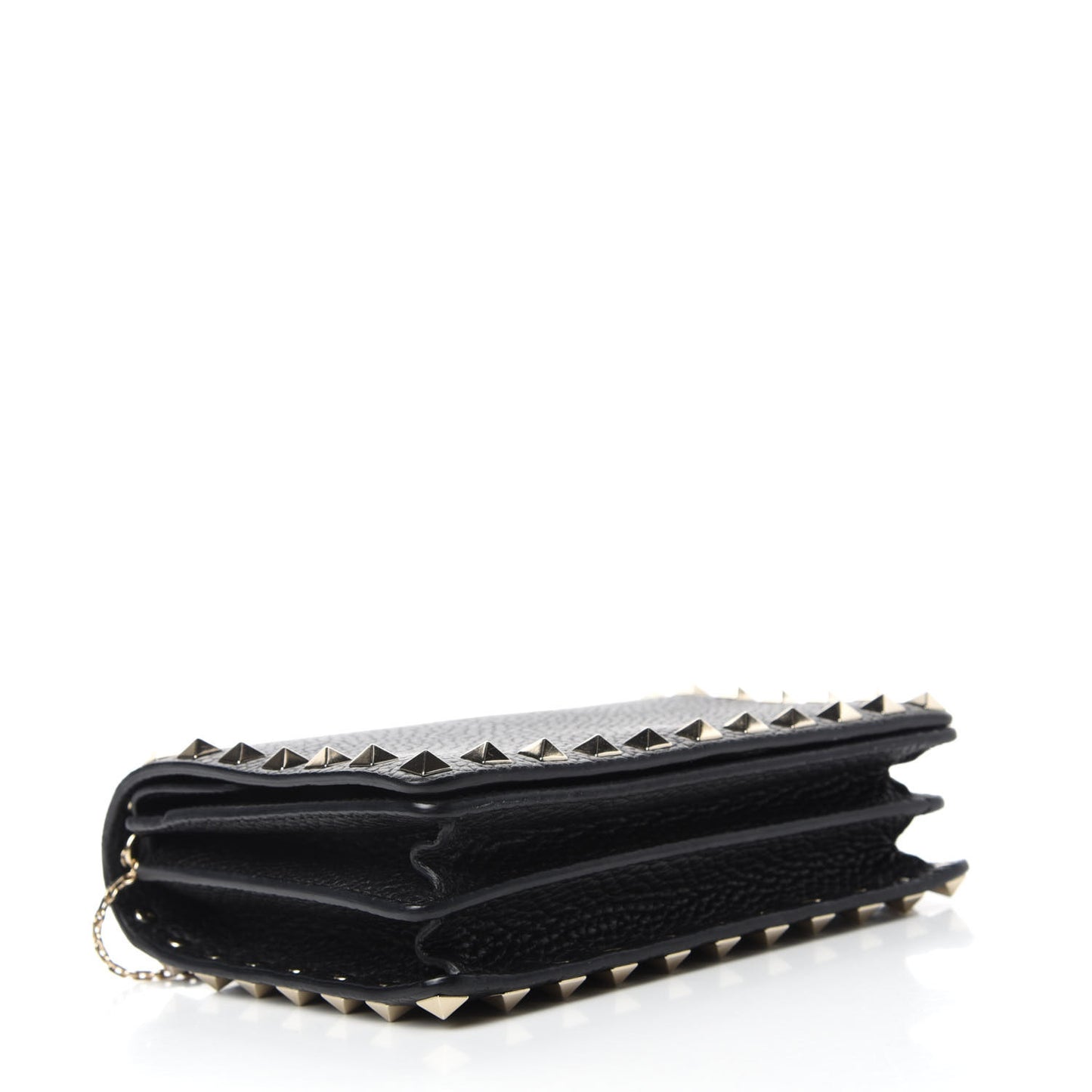 Pebbled Calfskin Rockstud Wallet on Chain Black