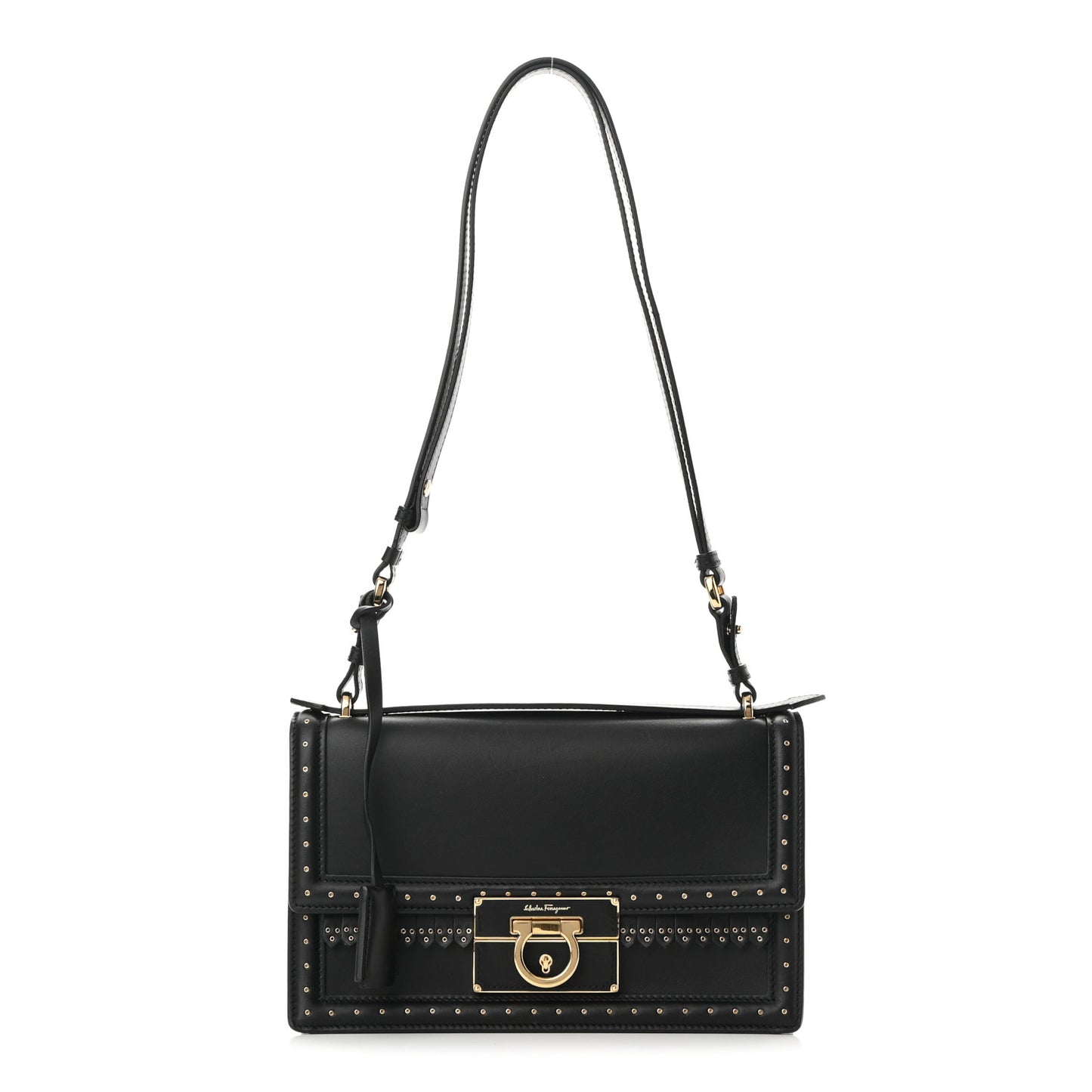 Smooth Calfskin Studded Aileen Gancio Lock Shoulder Bag Black