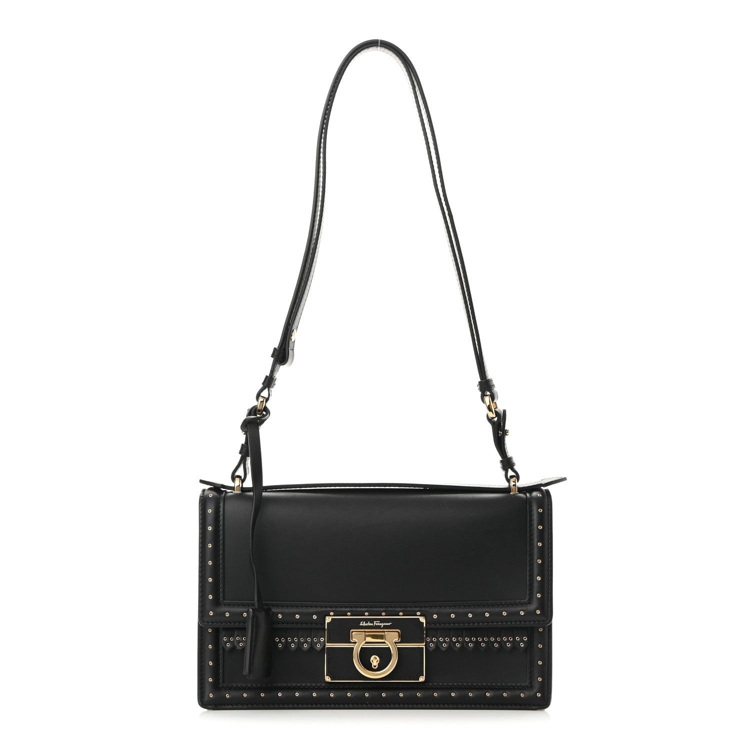 Salvatore Ferragamo Smooth Calfskin Studded Aileen Gancio Lock Shoulder Bag Black 1 of 9