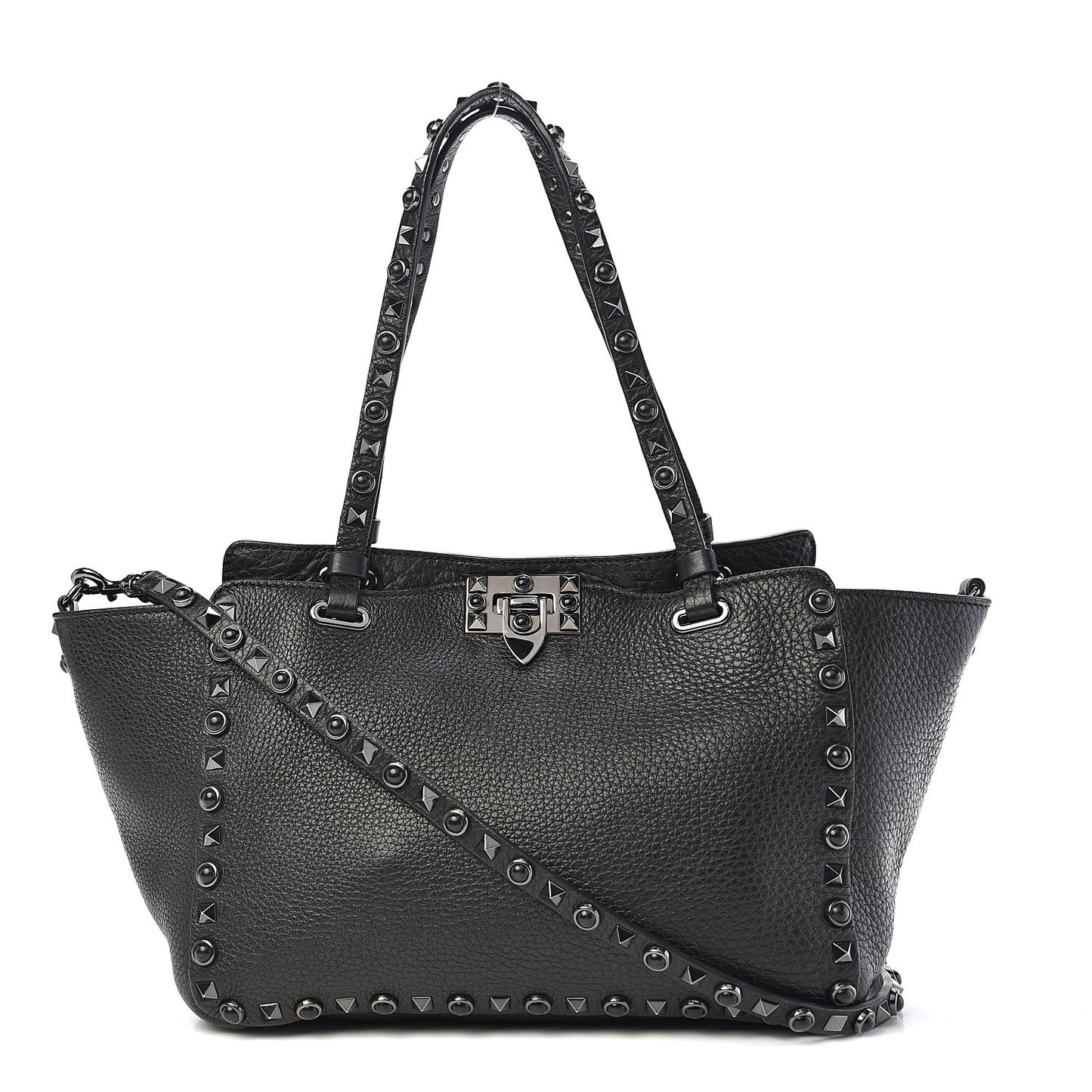 Grained Calfskin Onyx Small Rockstud Rolling Tote Black