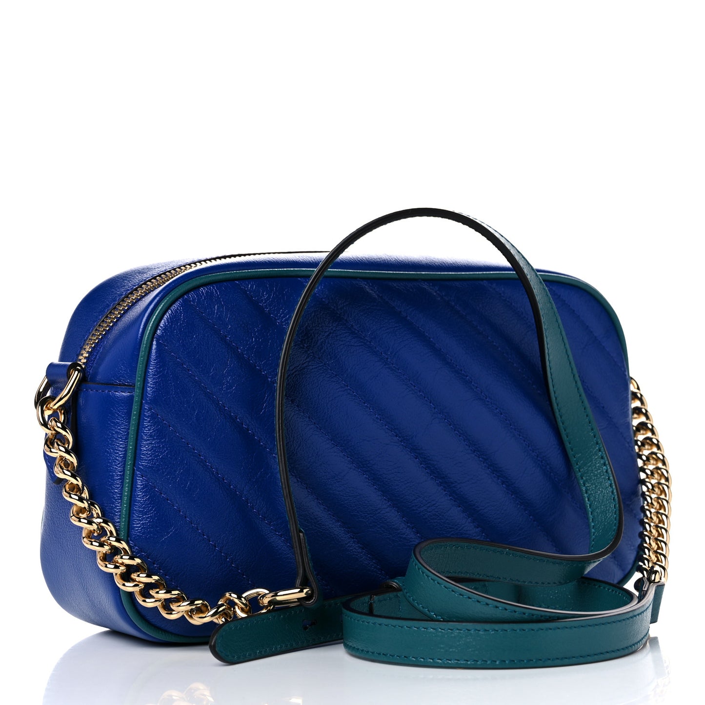 Azalea Calfskin Enamel Matelasse Diagonal Small Torchon GG Marmont Chain Shoulder Bag Imperial Blue Pavone