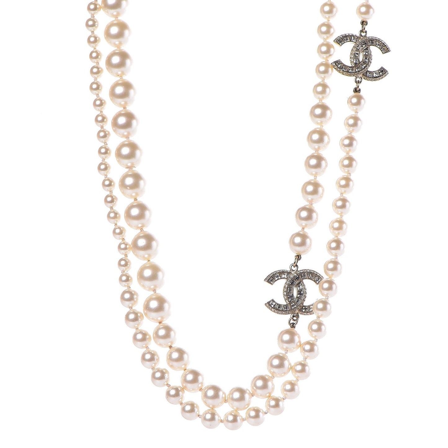 Pearl Baguette Crystal Long CC Necklace Gold