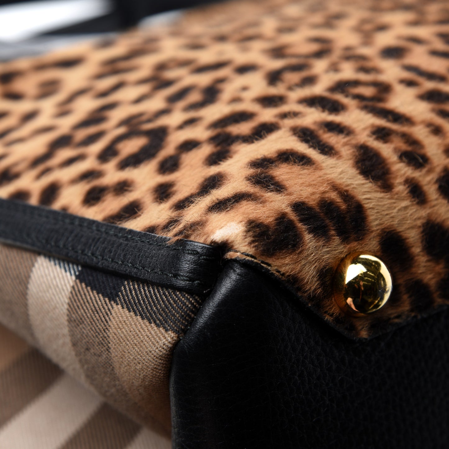 Calf Hair Leopard Print House Check Medium Banner Tote Black