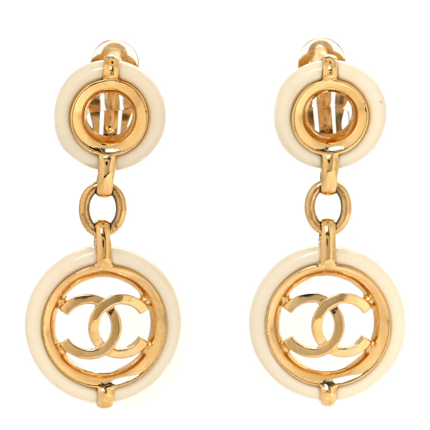 Metal Resin CC Round Drop Clip On Earrings Gold