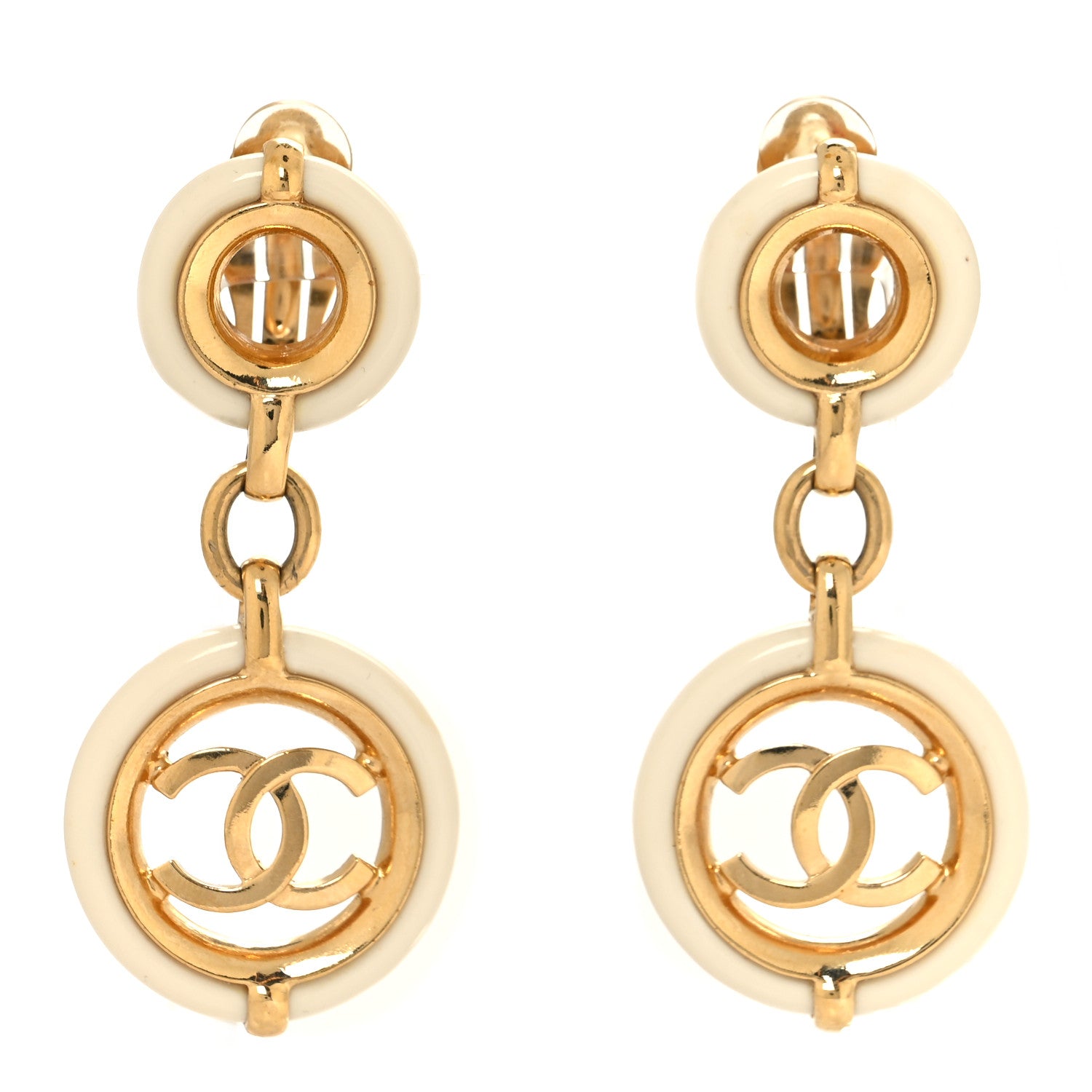 Chanel Metal Resin CC Round Drop Clip On Earrings Gold 1 of 4