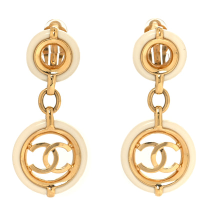 Chanel Metal Resin CC Round Drop Clip On Earrings Gold 1 of 4