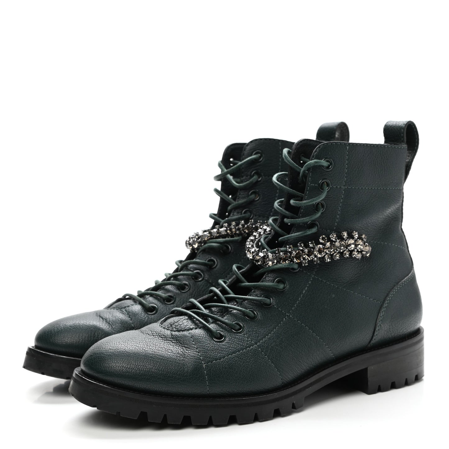 Grained Calfskin Crystal Embellished Cruz Combat Boots 40 Dark Green