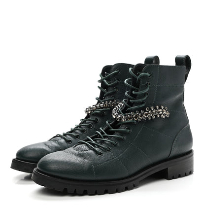 Jimmy Choo Grained Calfskin Crystal Embellished Cruz Combat Boots 40 Dark Green 3 of 11