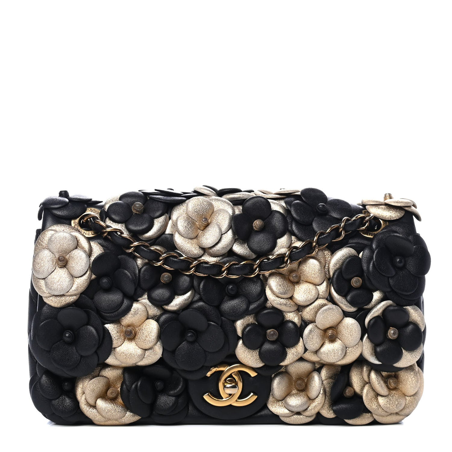Chanel Metallic Lambskin Quilted Medium Camellia Flap Black Gold 1 of 4