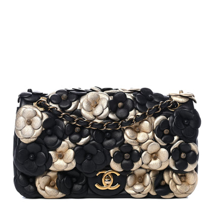 Chanel Metallic Lambskin Quilted Medium Camellia Flap Black Gold 1 of 4