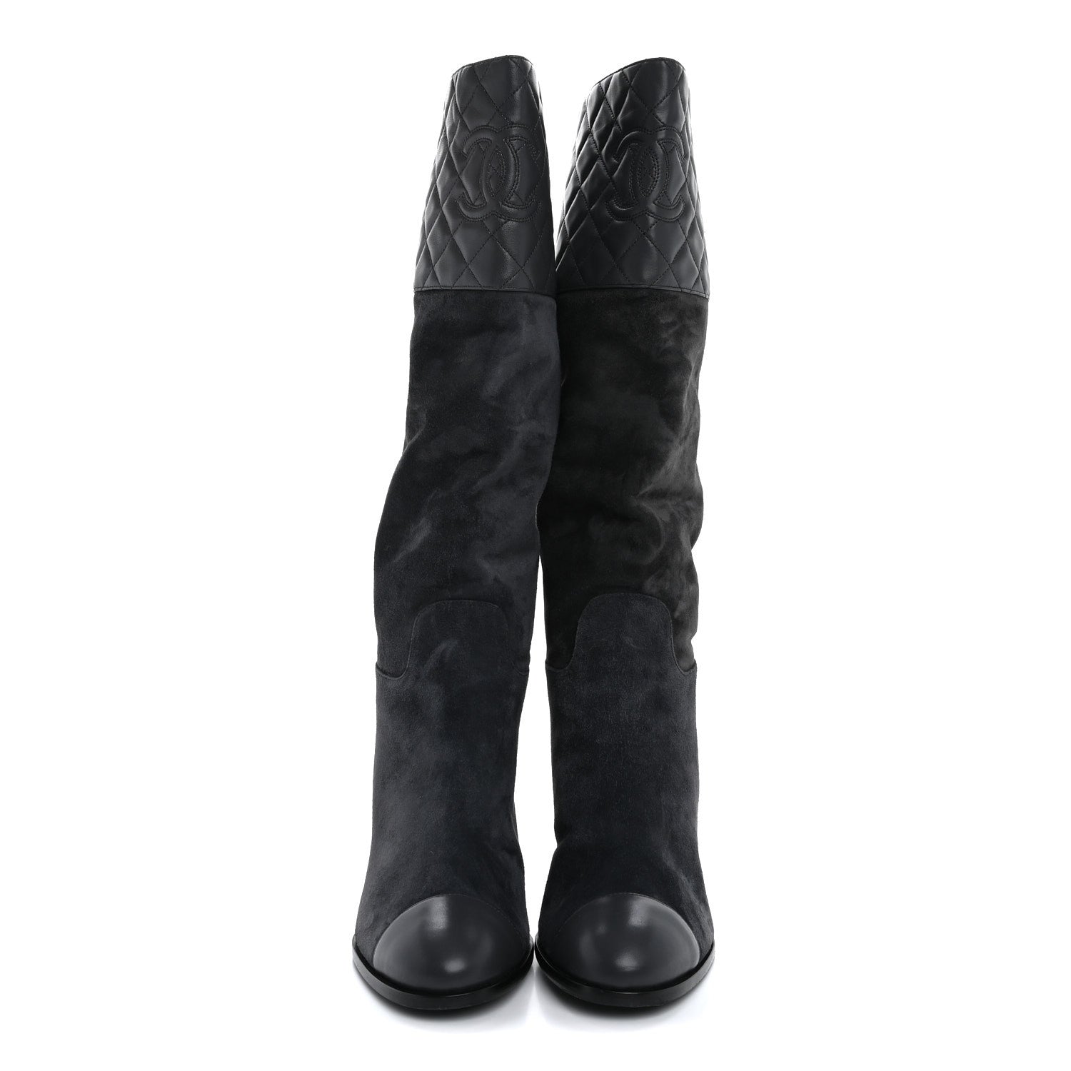 Chanel Suede Calfskin Lambskin Quilted Knee High Boots 40 Grey 2 of 8