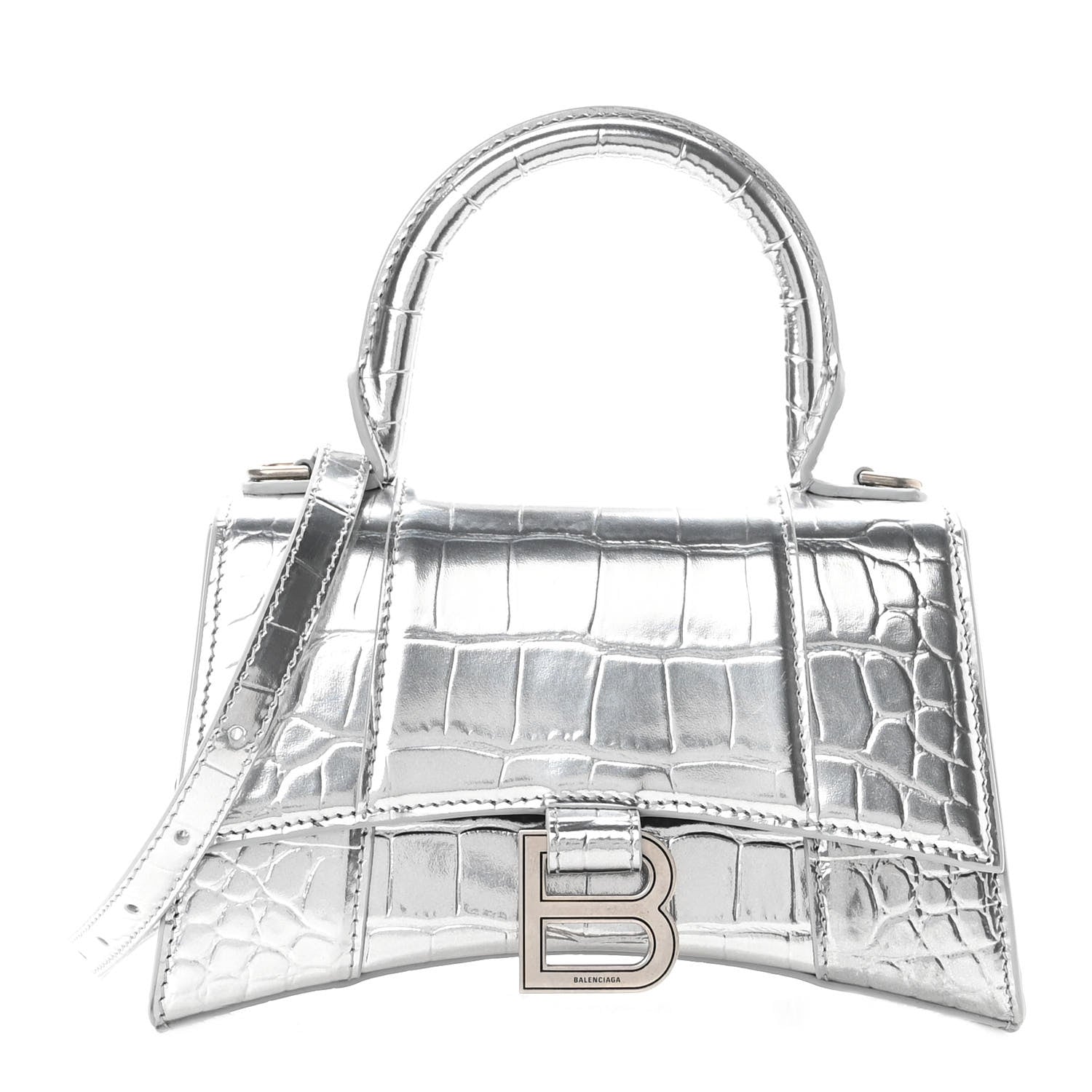 Balenciaga Metallic Calfskin Crocodile Embossed Hourglass Top Handle Bag XS Silver 1 of 9