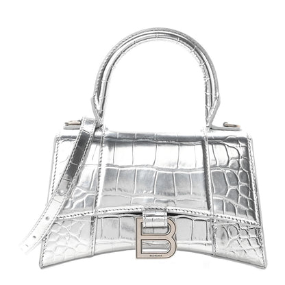 Balenciaga Metallic Calfskin Crocodile Embossed Hourglass Top Handle Bag XS Silver 1 of 9