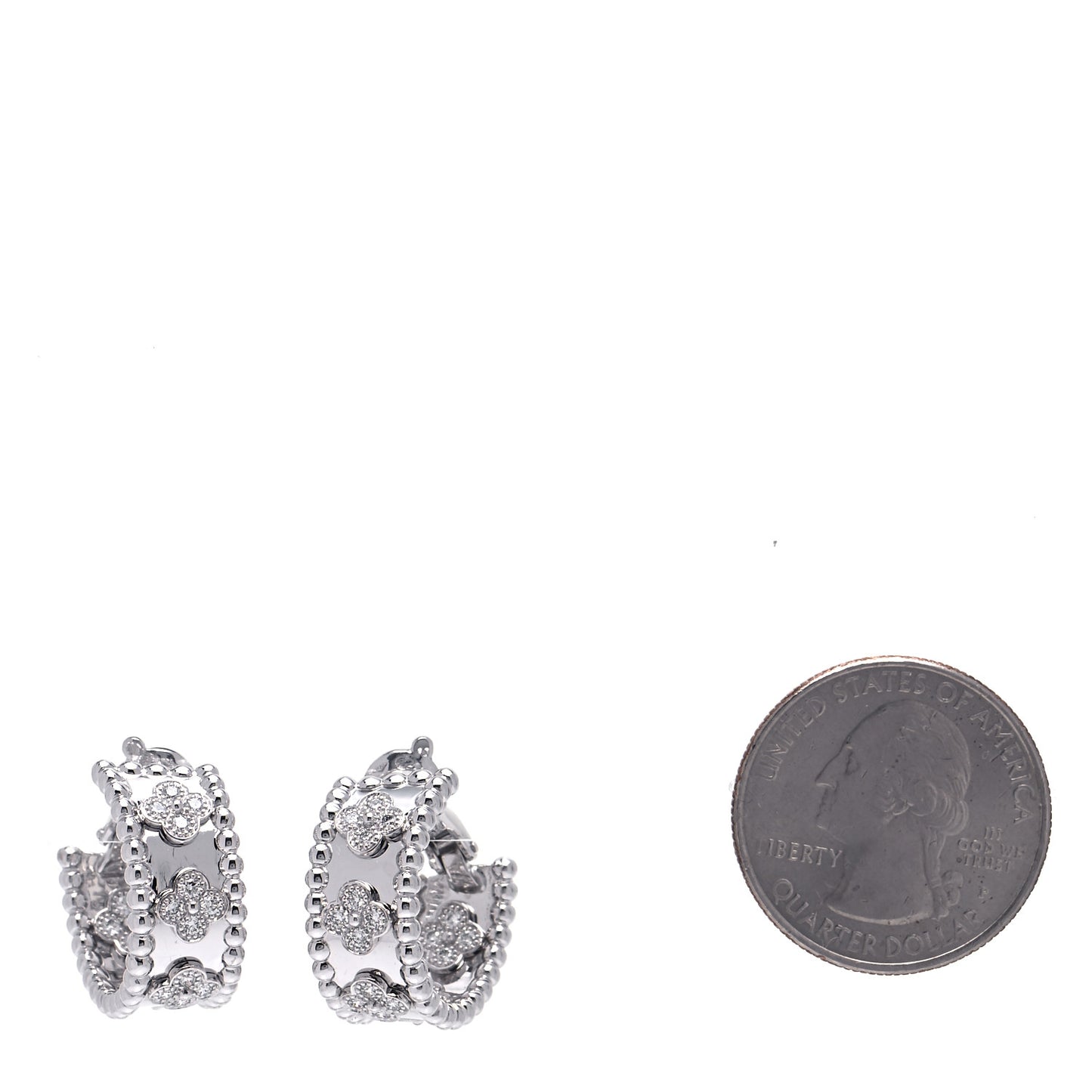 18K White Gold Diamond Perlee Clovers Hoop Earrings