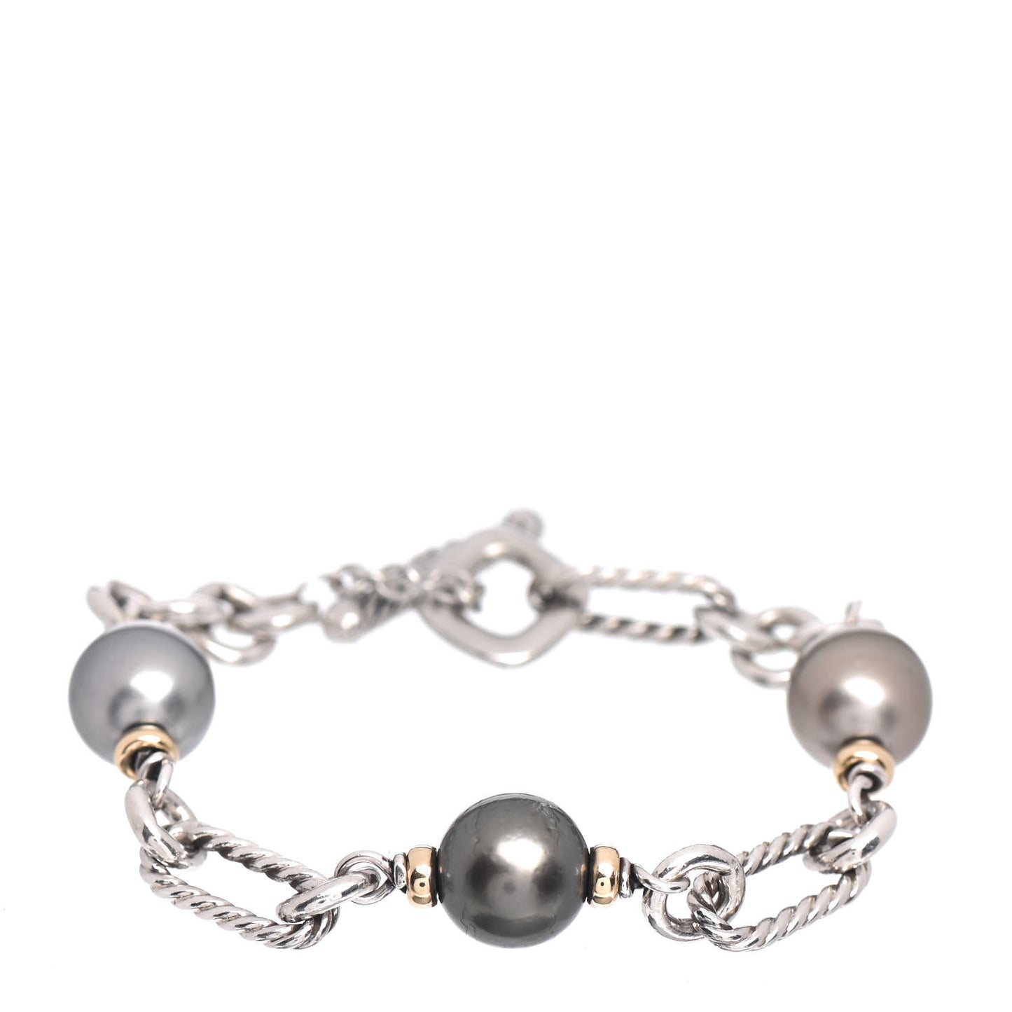 Sterling Silver 18K Yellow Gold Tahitian Pearl 10mm Figaro Bracelet