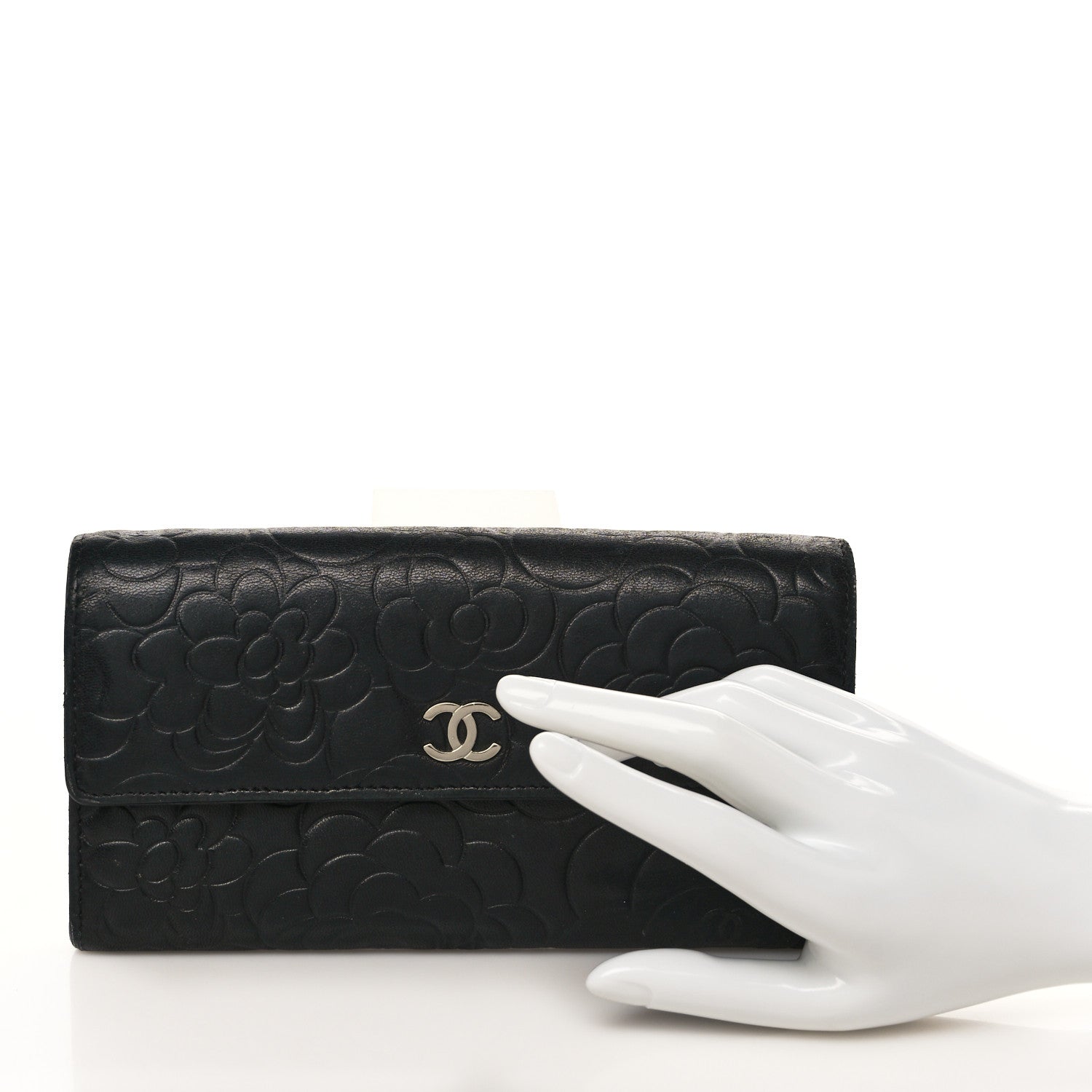 Chanel Lambskin Camellia Embossed Large Flap Wallet Black 2 of 11