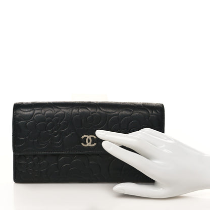 Chanel Lambskin Camellia Embossed Large Flap Wallet Black 2 of 11