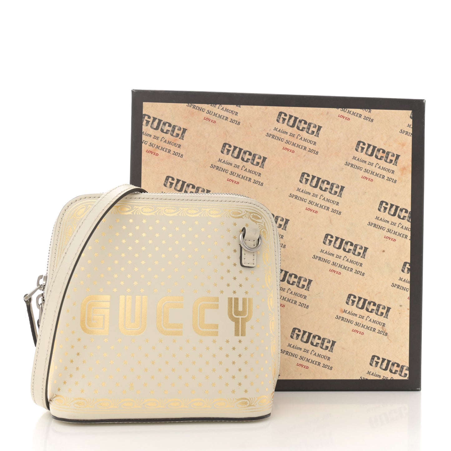X SEGA Calfskin GUCCY Stars Mini Dome Shoulder Bag Mystic White Gold