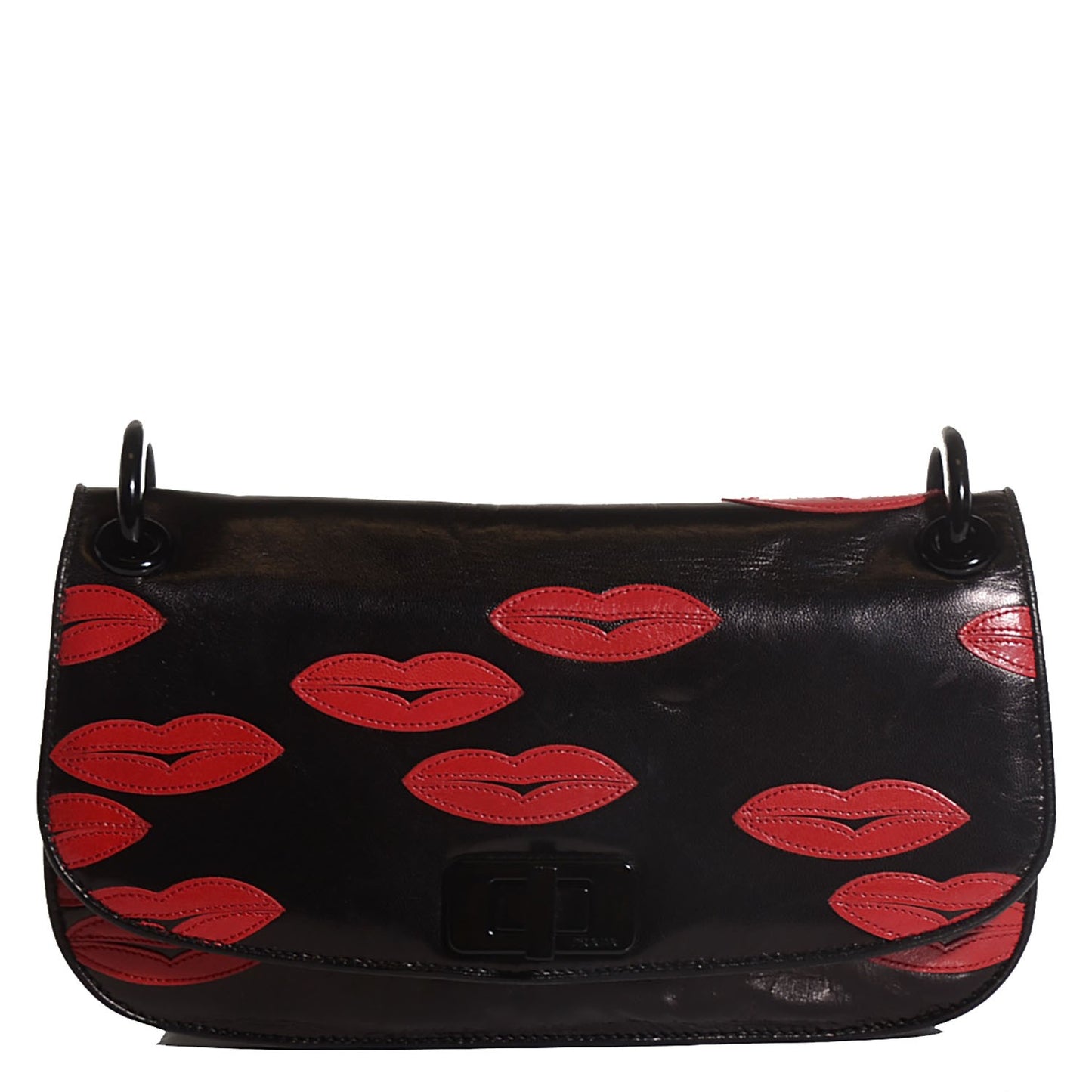 Madras Embroidered Lips Flap Bag Nero Rosso