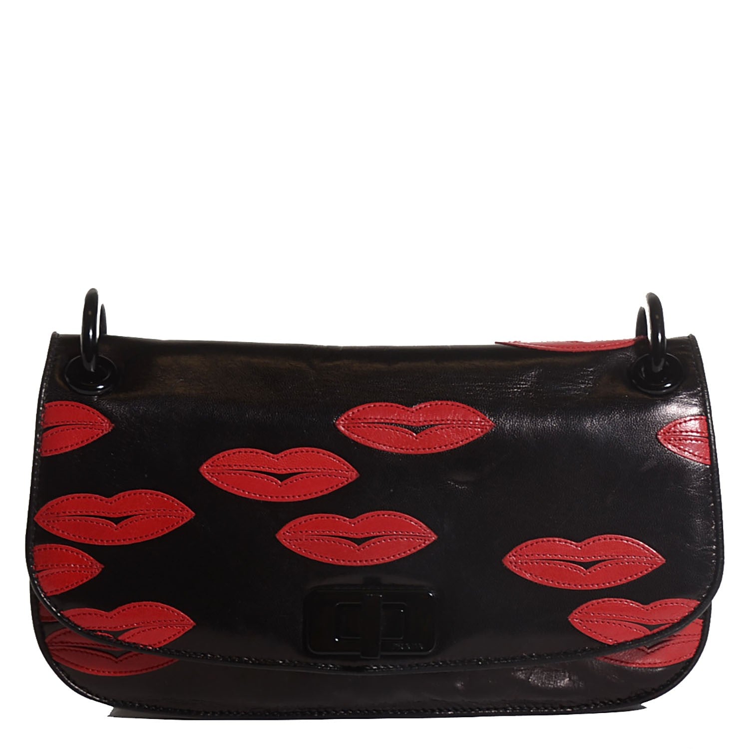 Prada Madras Embroidered Lips Flap Bag Nero Rosso 1 of 9