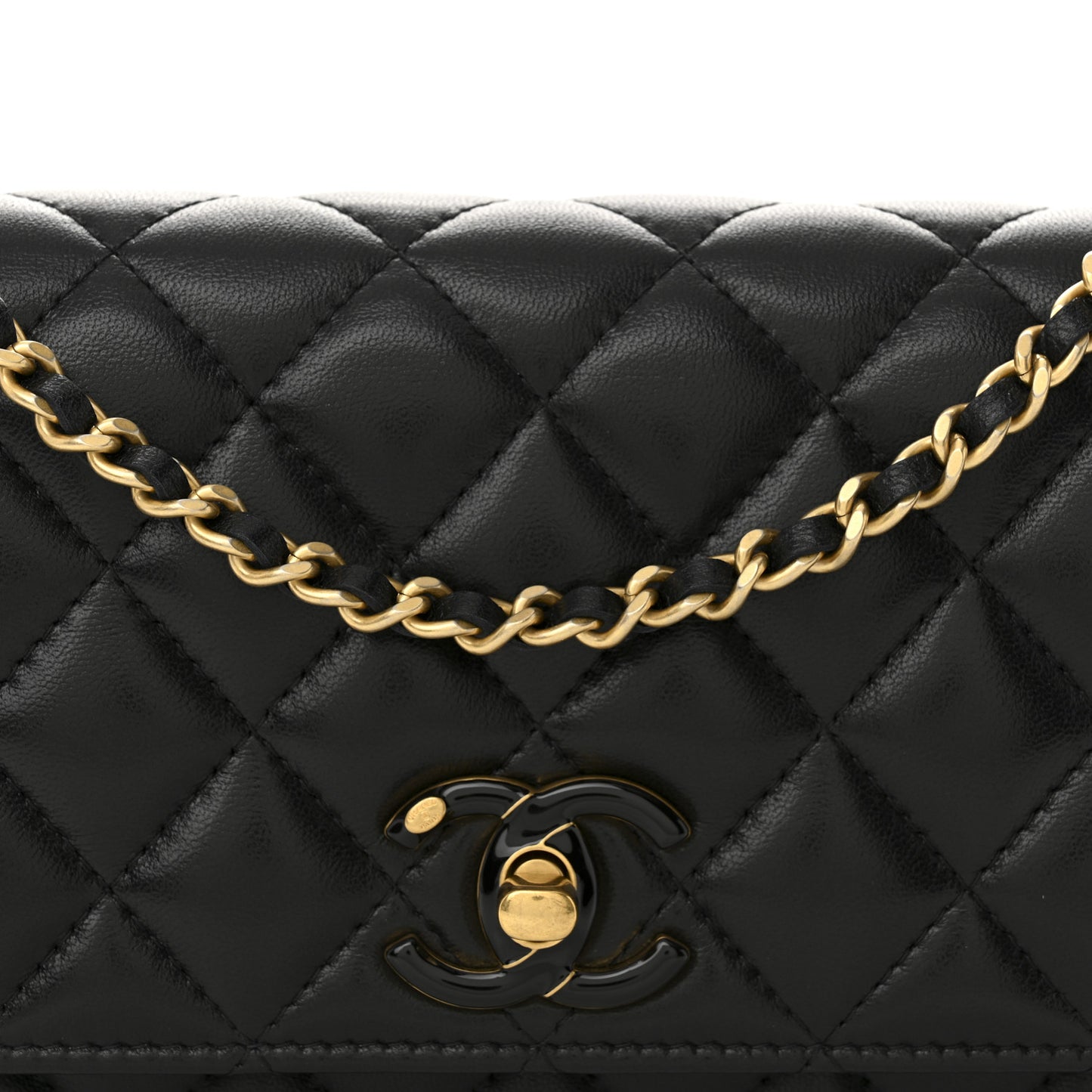 Shiny Lambskin Quilted Enamel Wallet On Chain WOC Black