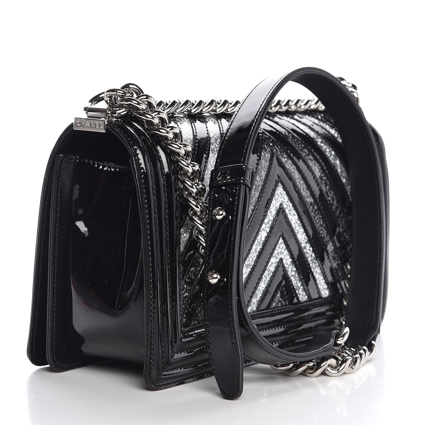 Patent Glitter PVC Chevron Quilted Medium Boy Flap Black Silver