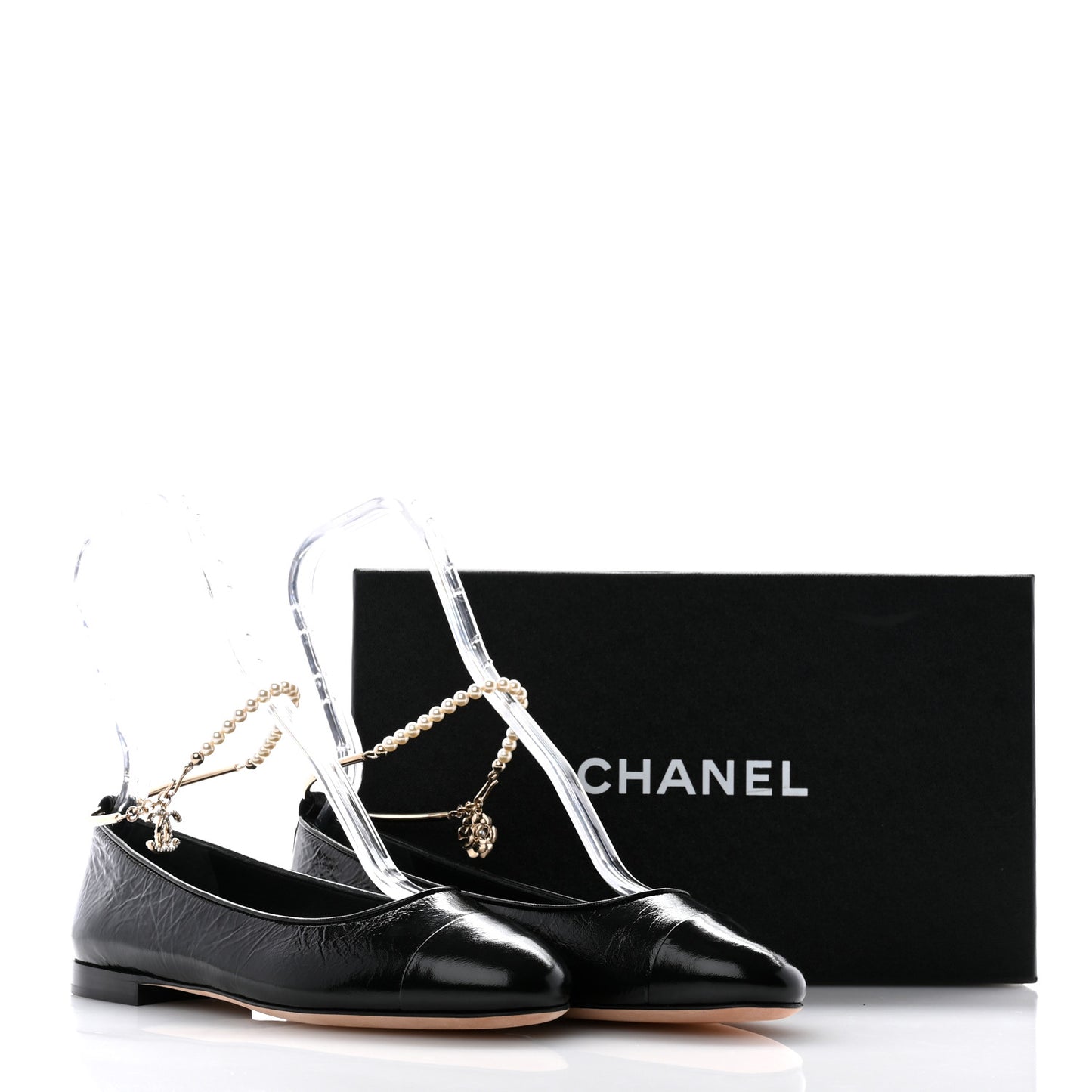 Lambskin Patent Calfskin Cap Toe Ankle Chain Ballerina Flats 38 Black