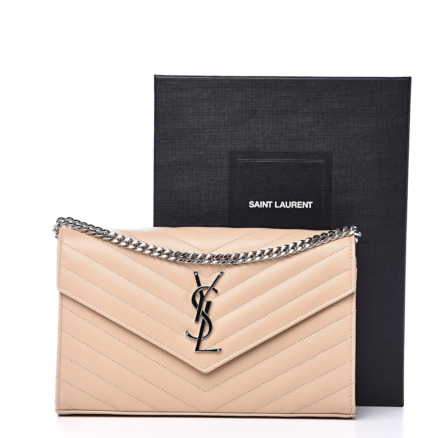 Saint Laurent Grain De Poudre Matelasse Chevron Monogram Chain Wallet Nude Powder 9 of 9