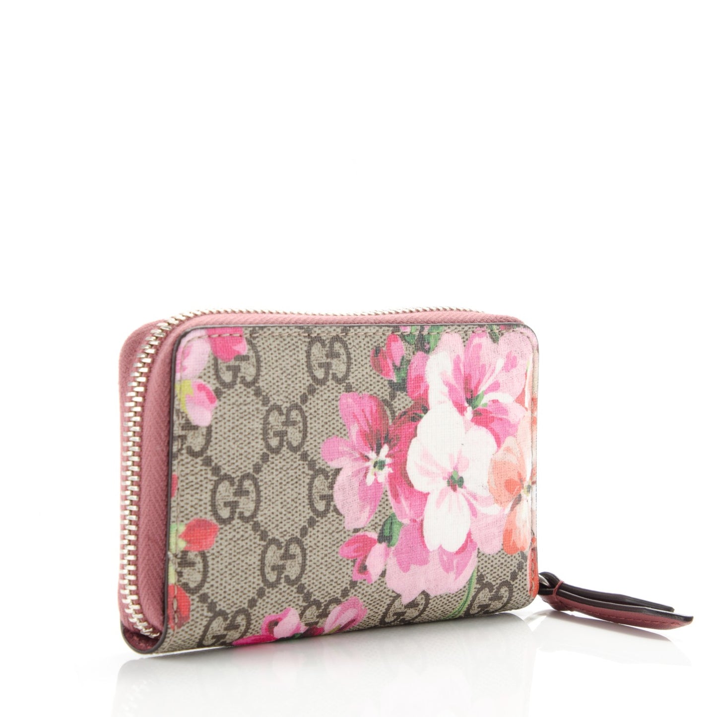 GG Supreme Monogram Blooms Zip Around Card Case Wallet Beige Multicolor Dry Rose