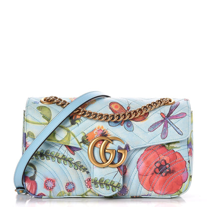 Gucci X UNSKILLED WORKER Calfskin Matelasse Flora Painted Small GG Marmont Shoulder Bag Cloudy Blue Multicolor 1 of 7