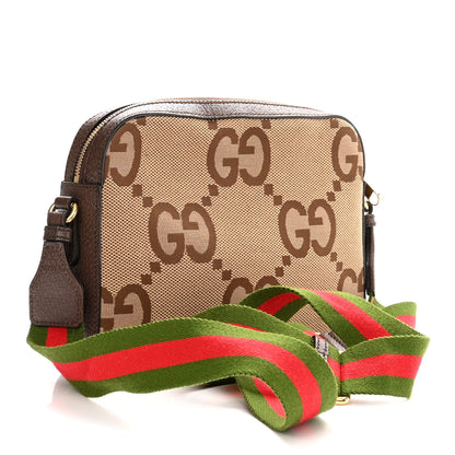 Gucci Monogram Jumbo GG Textured Dollar Calfskin Web Messenger Shoulder Bag Camel Ebony New Acero 3 of 10