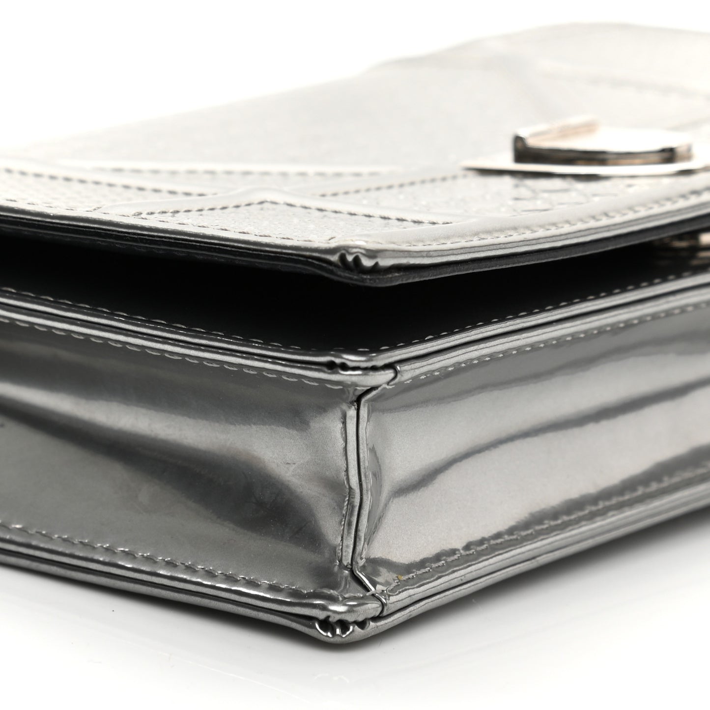 Metallic Patent Micro-Cannage Diorama Wallet on Chain Pouch Silver