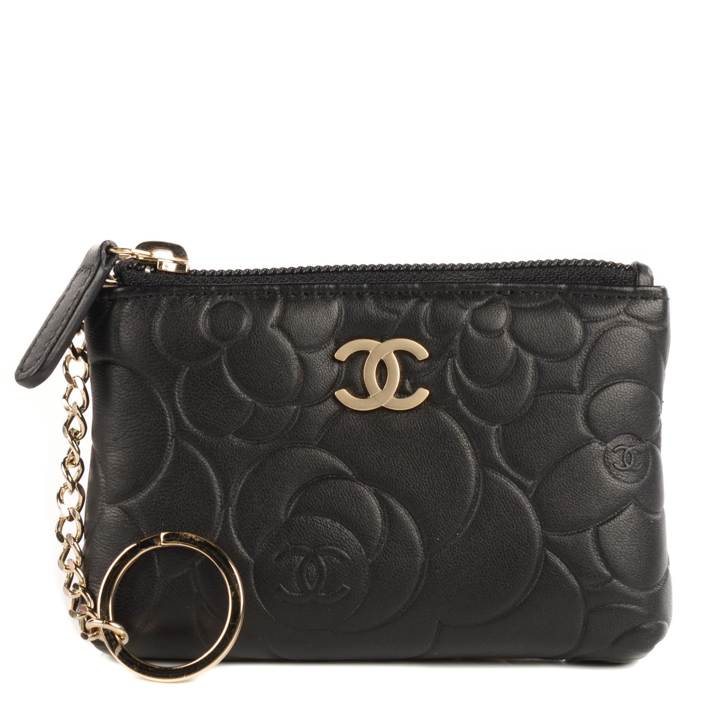 Lambskin Camellia Embossed Key Holder Case Black