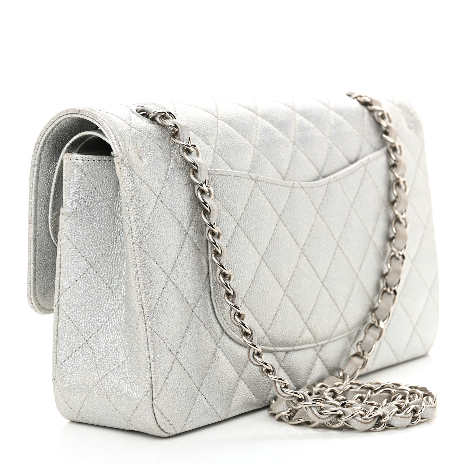 Chanel Glittered Metallic Caviar Quilted Medium Double Flap Silver 3 of 12