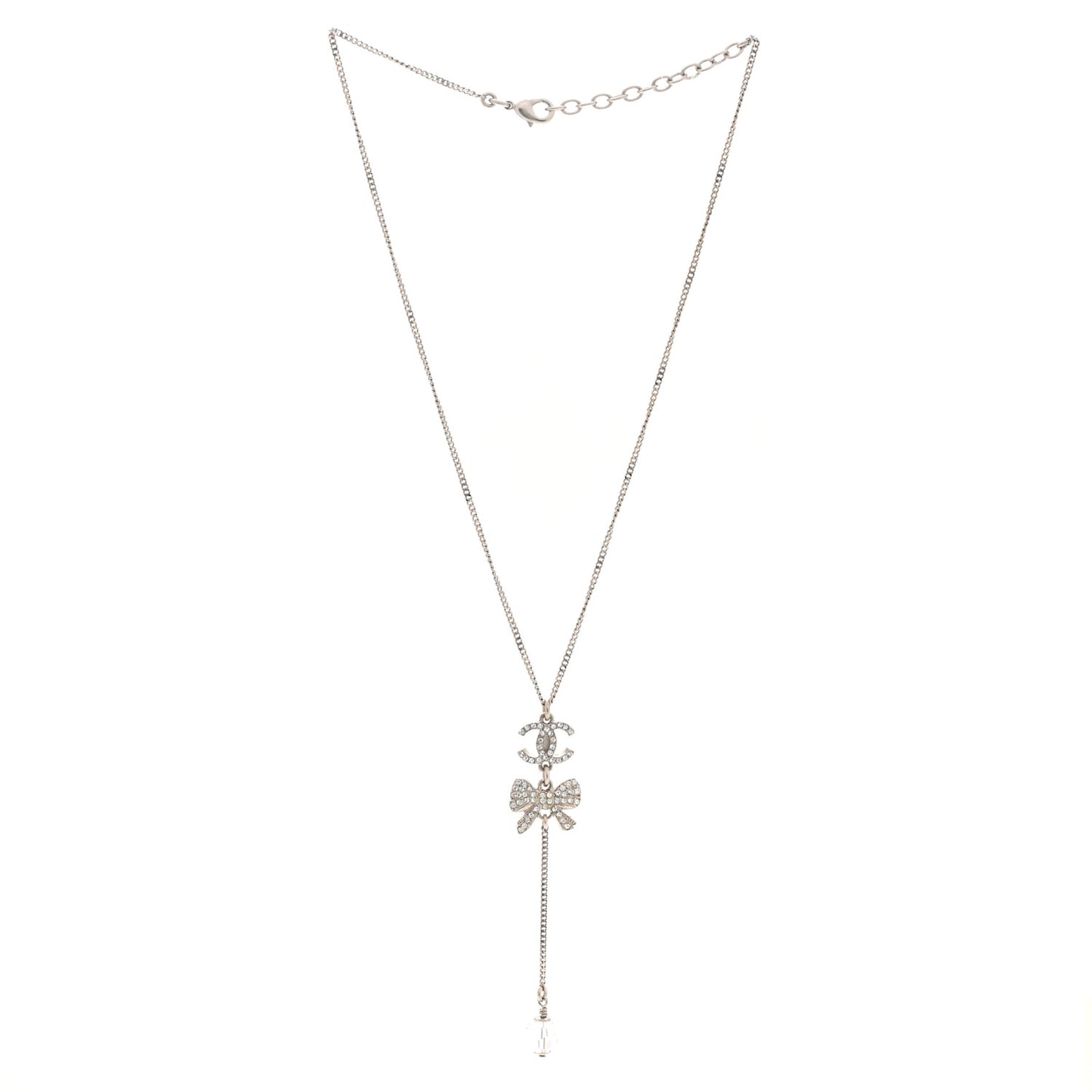 Crystal Resin CC Bow Drop Necklace Silver
