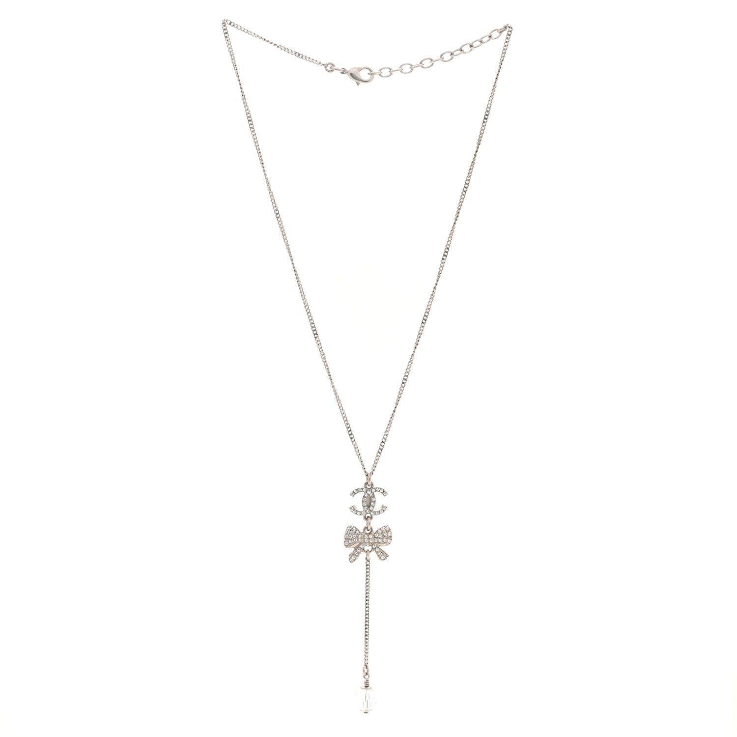 Chanel Crystal Resin CC Bow Drop Necklace Silver 3 of 6
