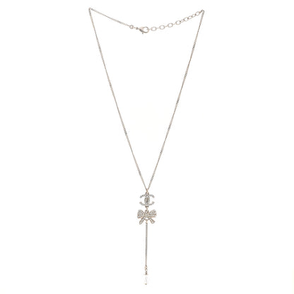 Chanel Crystal Resin CC Bow Drop Necklace Silver 3 of 6