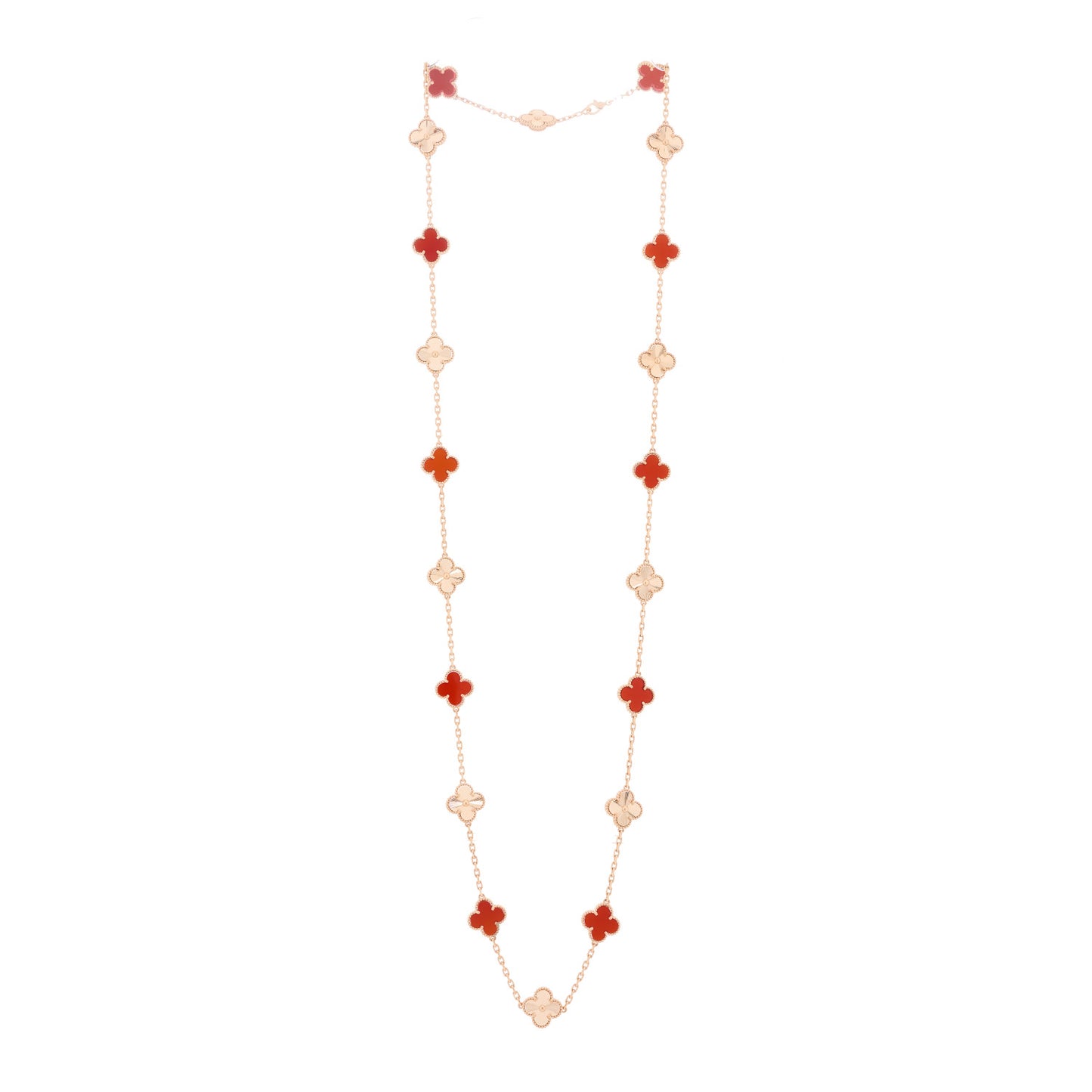 18K Rose Gold Carnelian 20 Motifs Guilloche Vintage Alhambra Necklace