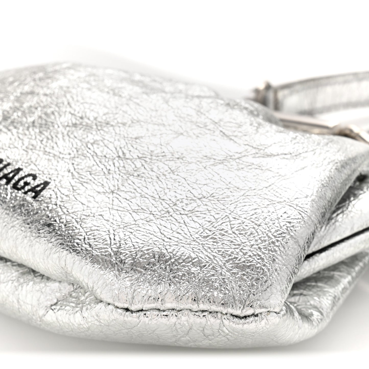 Metallic Textured Calfskin Logo Cloud Coin Purse With Strap Silver